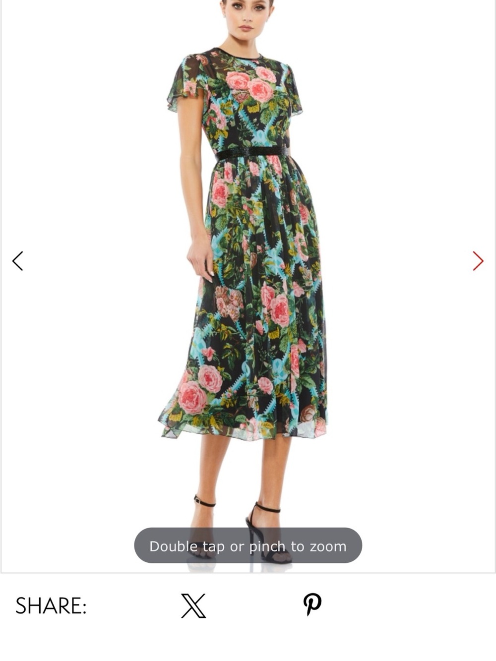 Mac Duggal Black Floral Mesh Midi Dress with Pink & Blue Accents